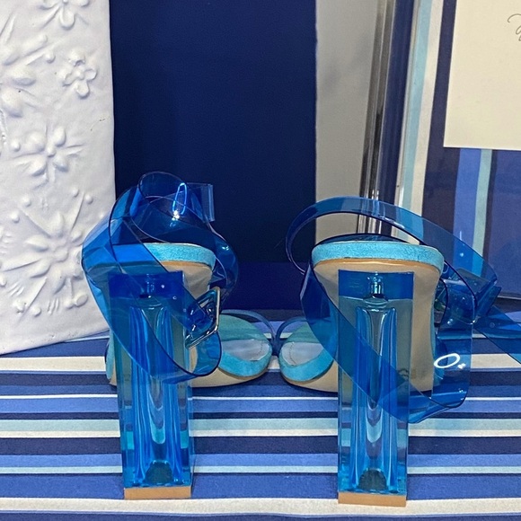 Fashion nova neon blue clear ankle strap square high heel sandals Sz 10 - Picture 15 of 15